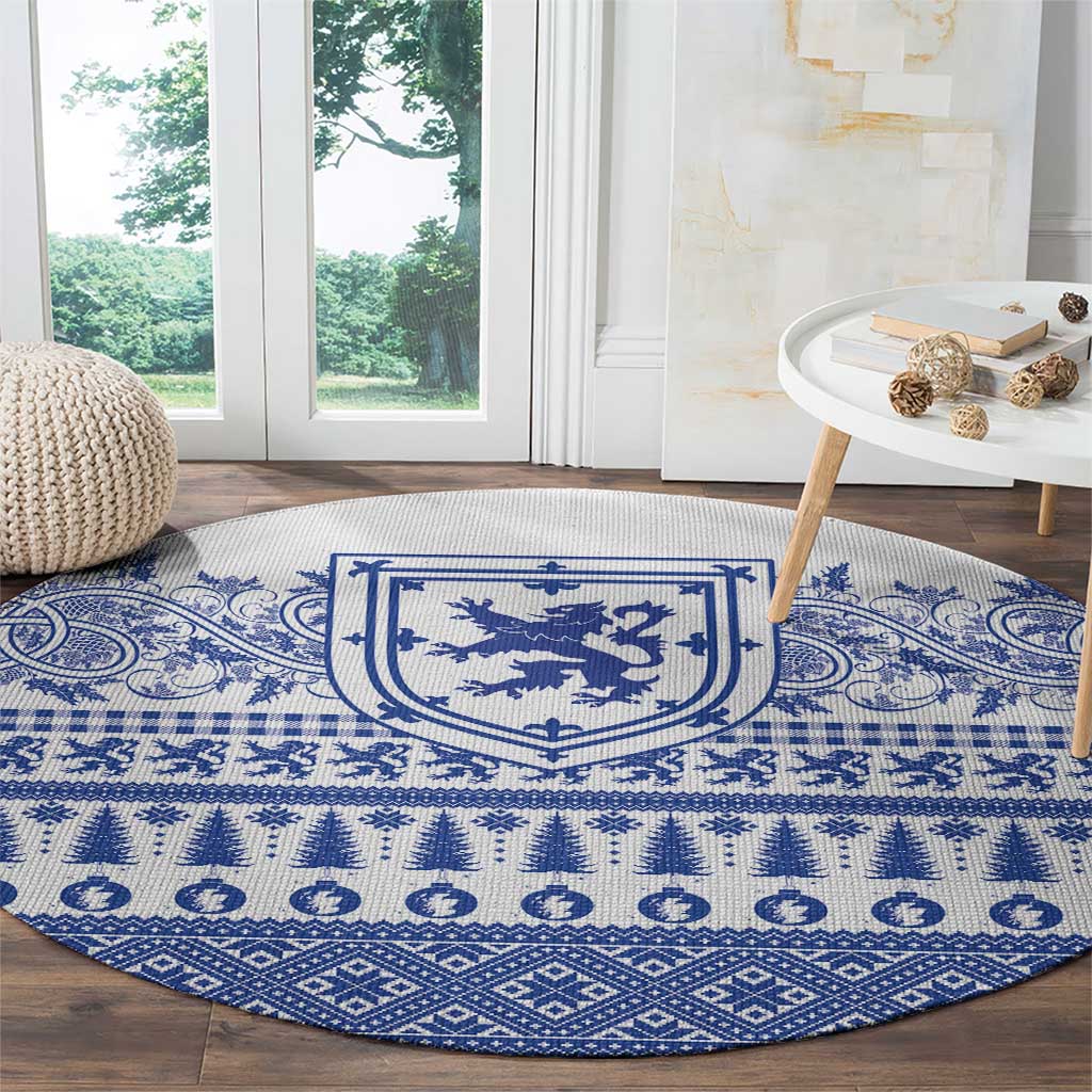 Scottish Christmas Round Carpet Scotland Thistle and Celtic Knot White-Blue Color - Wonder Print Shop