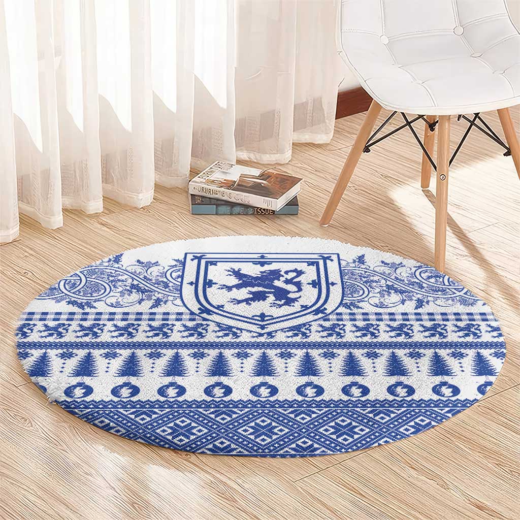Scottish Christmas Round Carpet Scotland Thistle and Celtic Knot White-Blue Color - Wonder Print Shop