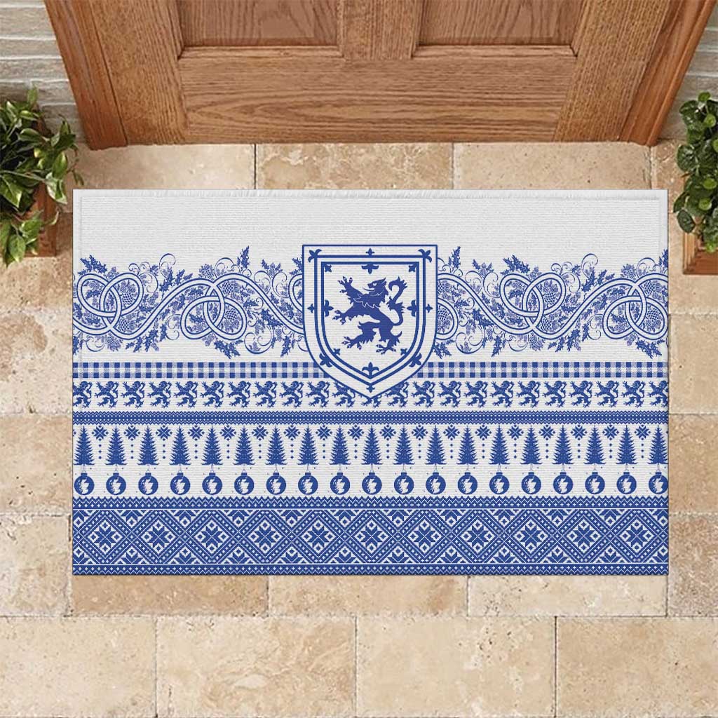 Scottish Christmas Rubber Doormat Scotland Thistle and Celtic Knot White-Blue Color - Wonder Print Shop