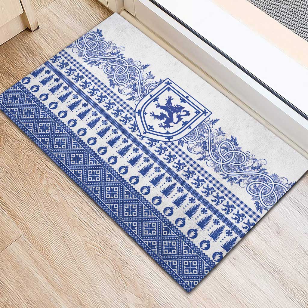 Scottish Christmas Rubber Doormat Scotland Thistle and Celtic Knot White-Blue Color - Wonder Print Shop
