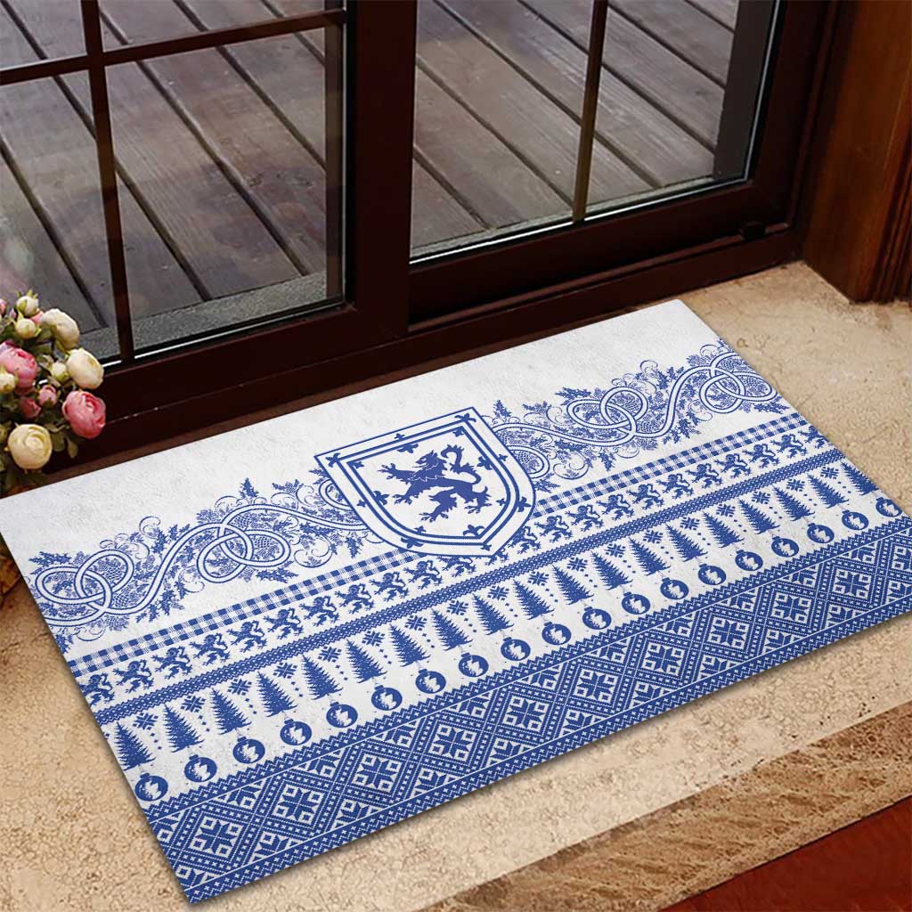 Scottish Christmas Rubber Doormat Scotland Thistle and Celtic Knot White-Blue Color - Wonder Print Shop