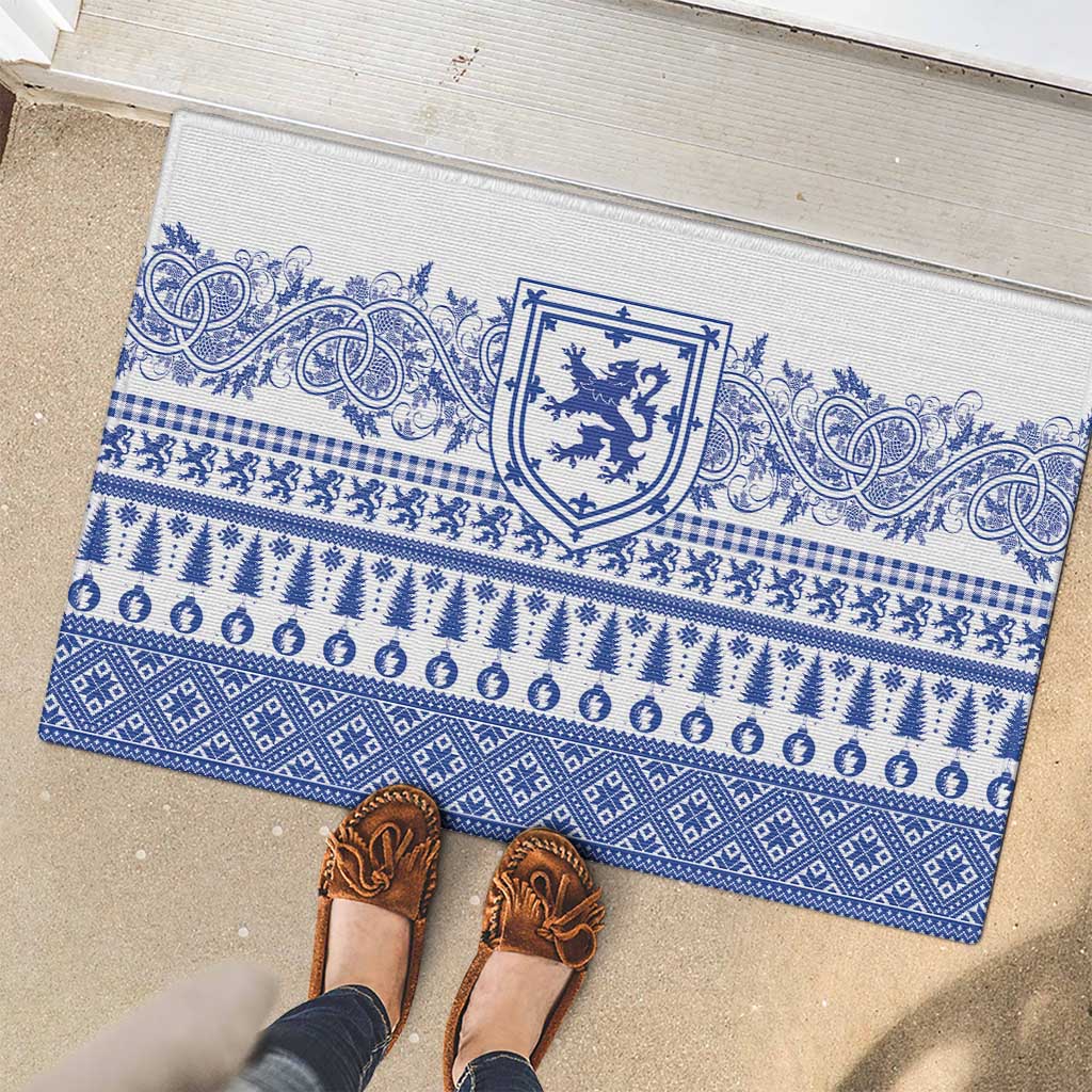 Scottish Christmas Rubber Doormat Scotland Thistle and Celtic Knot White-Blue Color - Wonder Print Shop