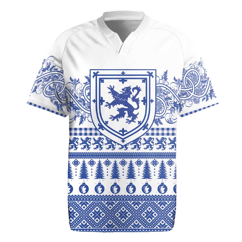 Scottish Christmas Rugby Jersey Scotland Thistle and Celtic Knot White-Blue Color - Wonder Print Shop