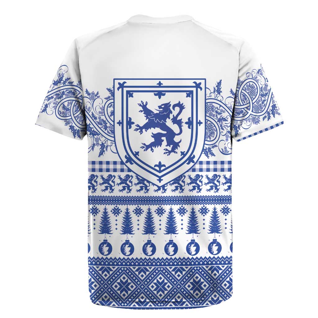 Scottish Christmas Rugby Jersey Scotland Thistle and Celtic Knot White-Blue Color - Wonder Print Shop