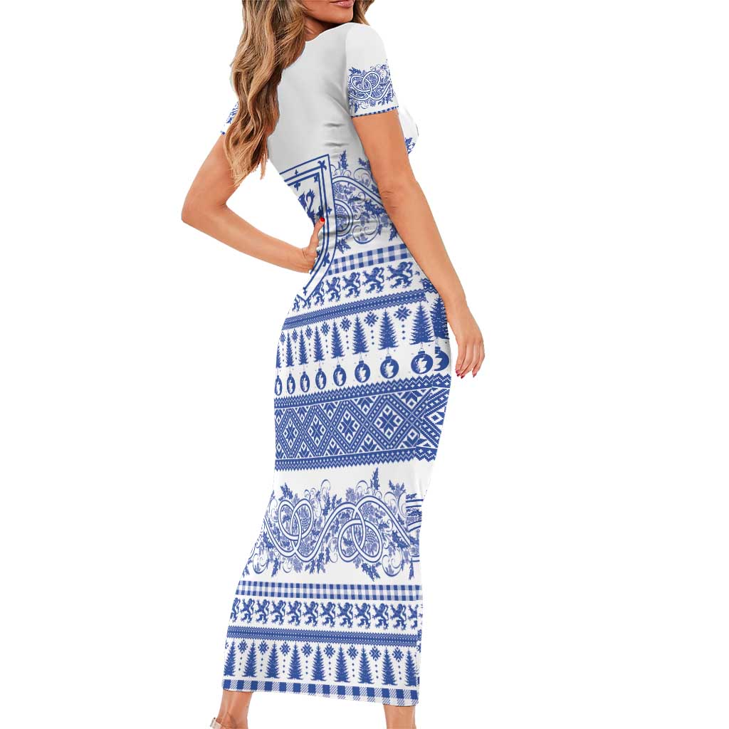 Scottish Christmas Short Sleeve Bodycon Dress Scotland Thistle and Celtic Knot White-Blue Color - Wonder Print Shop