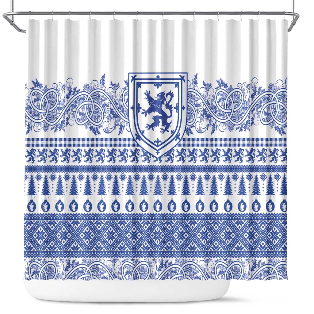 Scottish Christmas Shower Curtain Scotland Thistle and Celtic Knot White-Blue Color - Wonder Print Shop