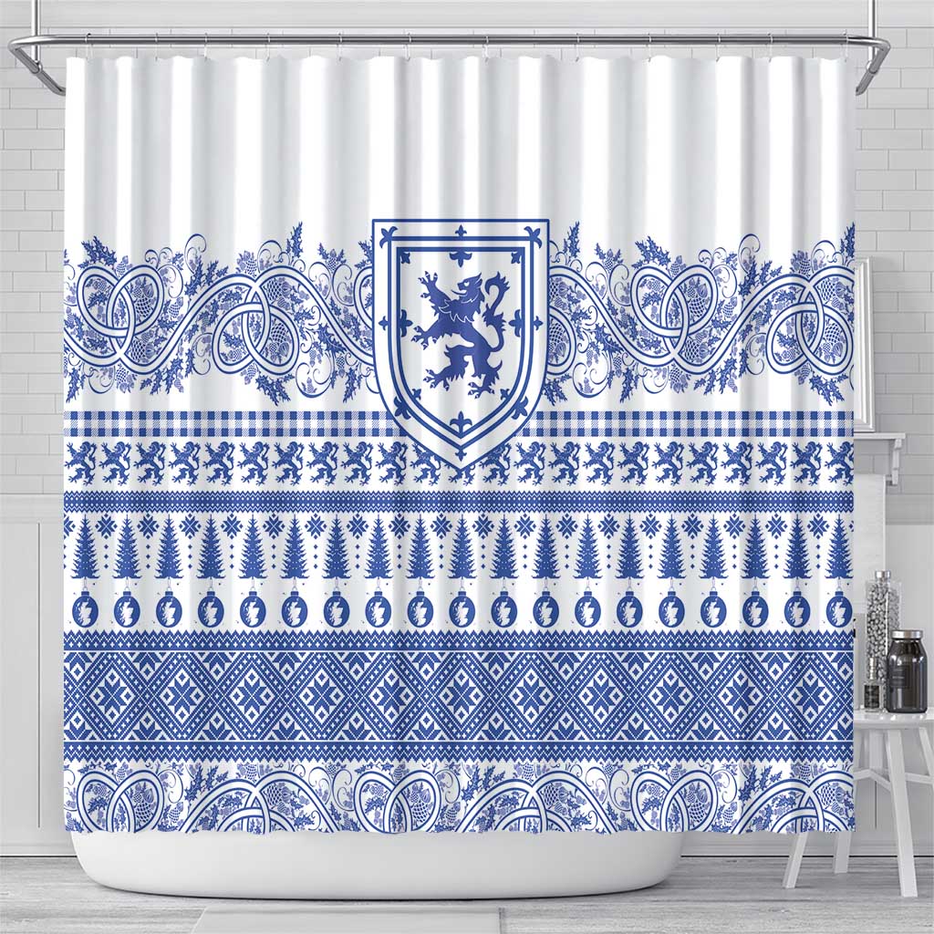 Scottish Christmas Shower Curtain Scotland Thistle and Celtic Knot White-Blue Color - Wonder Print Shop