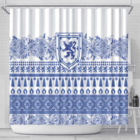 Scottish Christmas Shower Curtain Scotland Thistle and Celtic Knot White-Blue Color - Wonder Print Shop