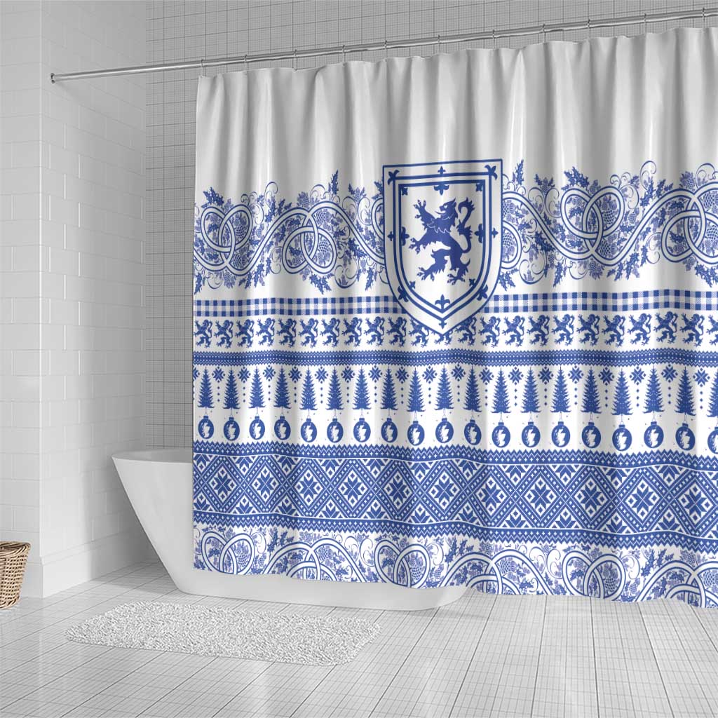 Scottish Christmas Shower Curtain Scotland Thistle and Celtic Knot White-Blue Color - Wonder Print Shop
