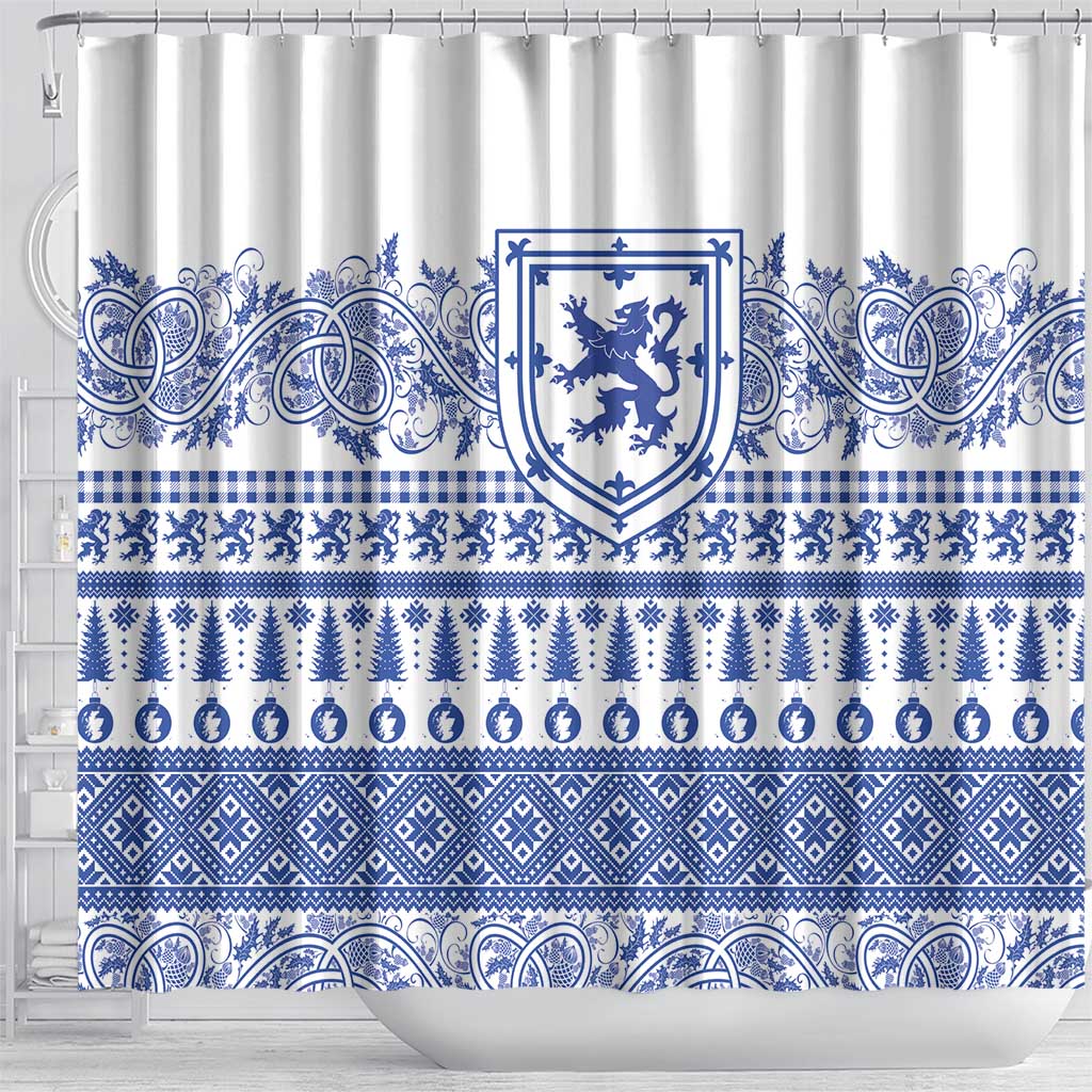 Scottish Christmas Shower Curtain Scotland Thistle and Celtic Knot White-Blue Color - Wonder Print Shop