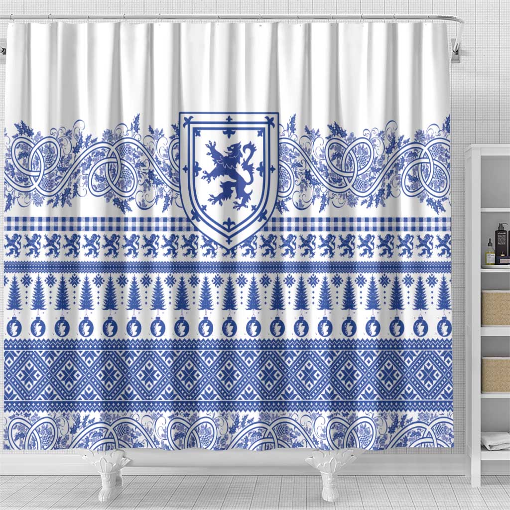 Scottish Christmas Shower Curtain Scotland Thistle and Celtic Knot White-Blue Color - Wonder Print Shop