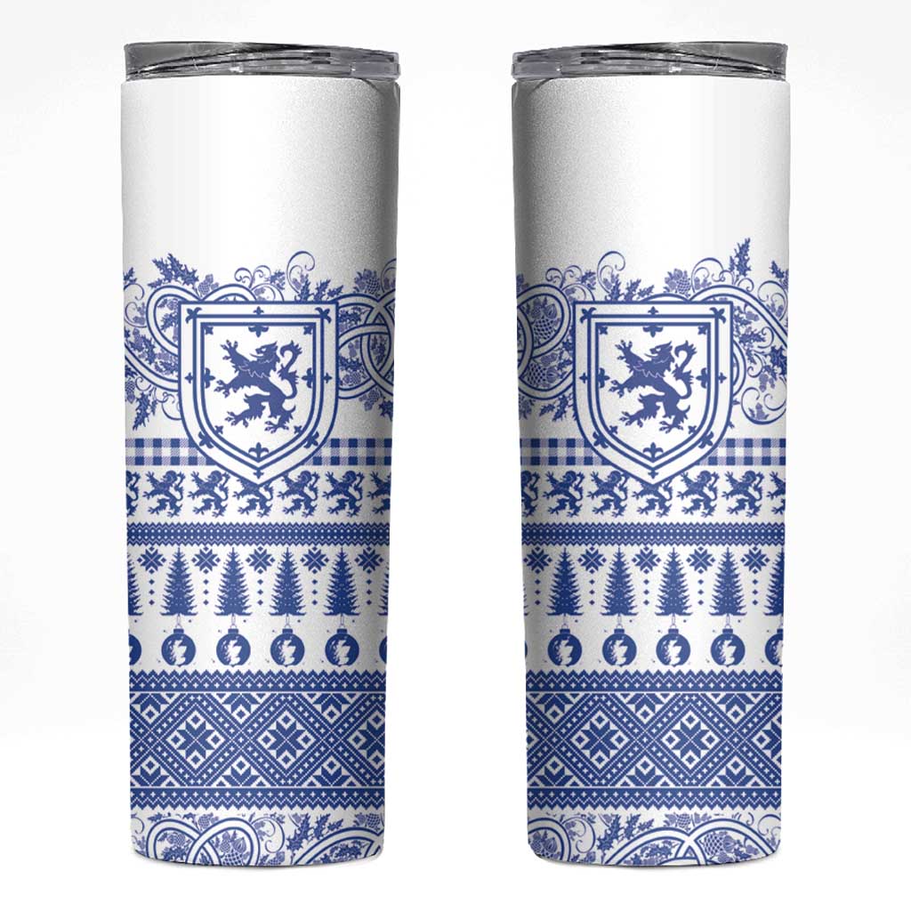Scottish Christmas Skinny Tumbler Scotland Thistle and Celtic Knot White-Blue Color - Wonder Print Shop