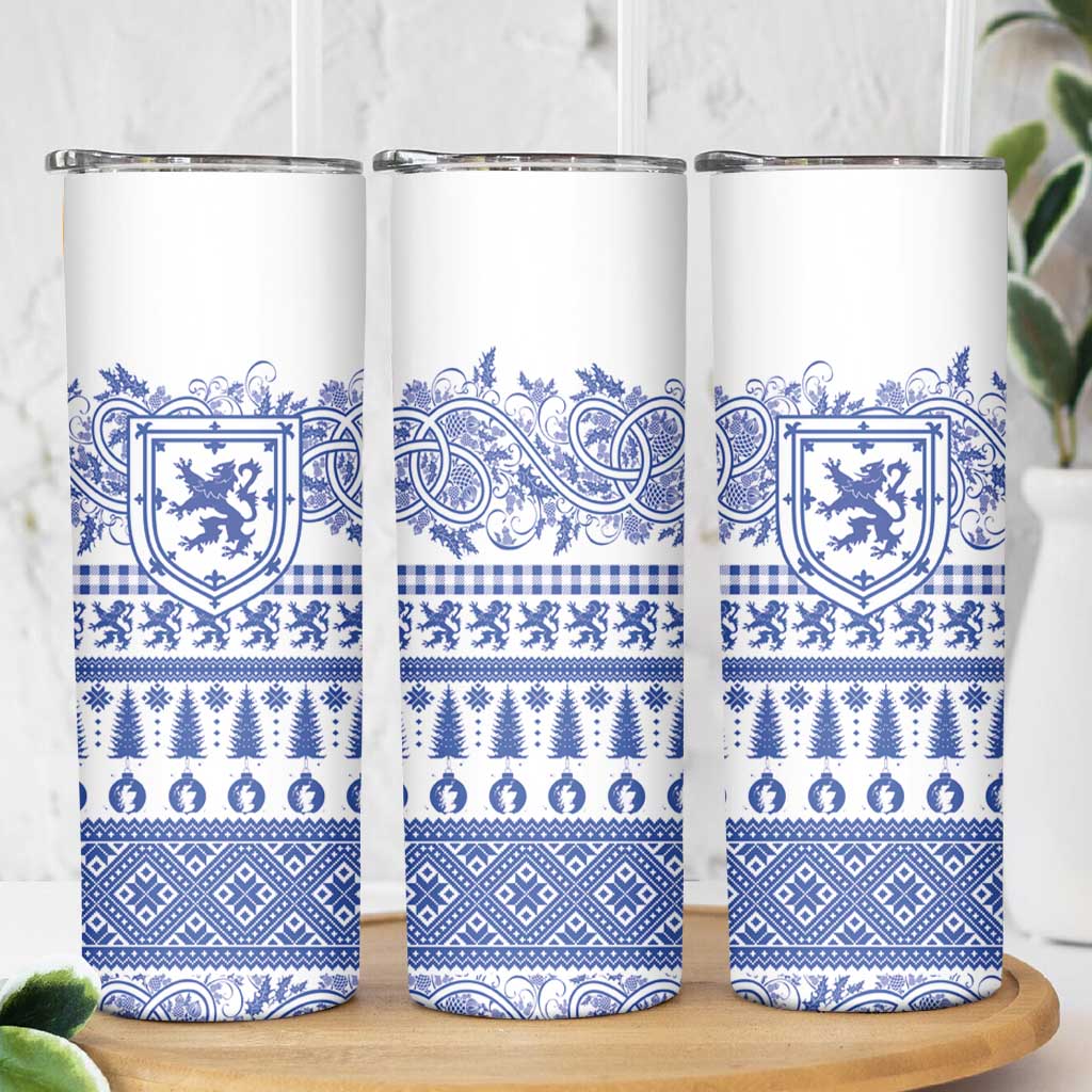 Scottish Christmas Skinny Tumbler Scotland Thistle and Celtic Knot White-Blue Color - Wonder Print Shop
