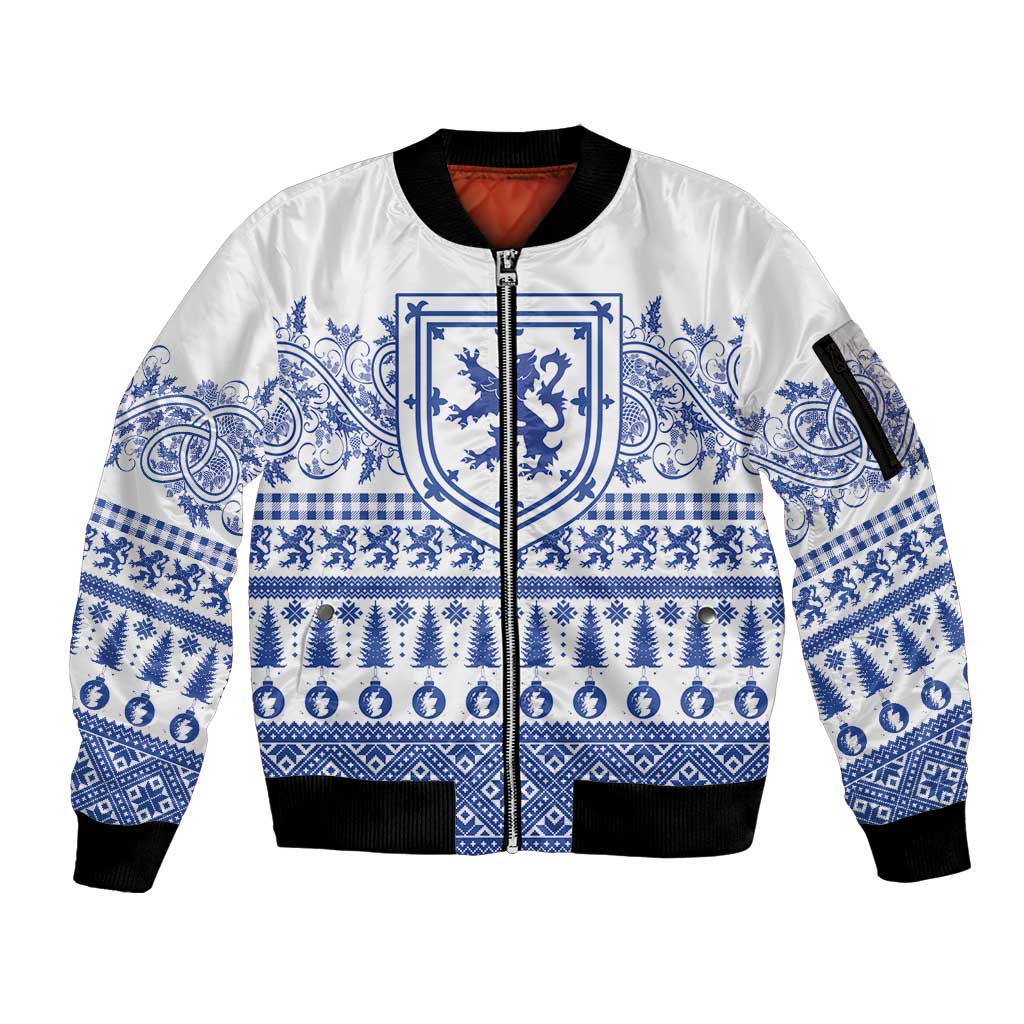 Scottish Christmas Sleeve Zip Bomber Jacket Scotland Thistle and Celtic Knot White-Blue Color - Wonder Print Shop