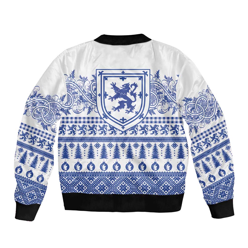 Scottish Christmas Sleeve Zip Bomber Jacket Scotland Thistle and Celtic Knot White-Blue Color - Wonder Print Shop