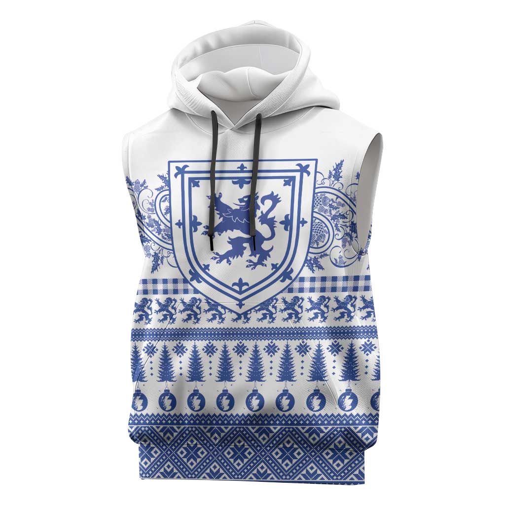 Scottish Christmas Sleeveless Hoodie Scotland Thistle and Celtic Knot White-Blue Color - Wonder Print Shop