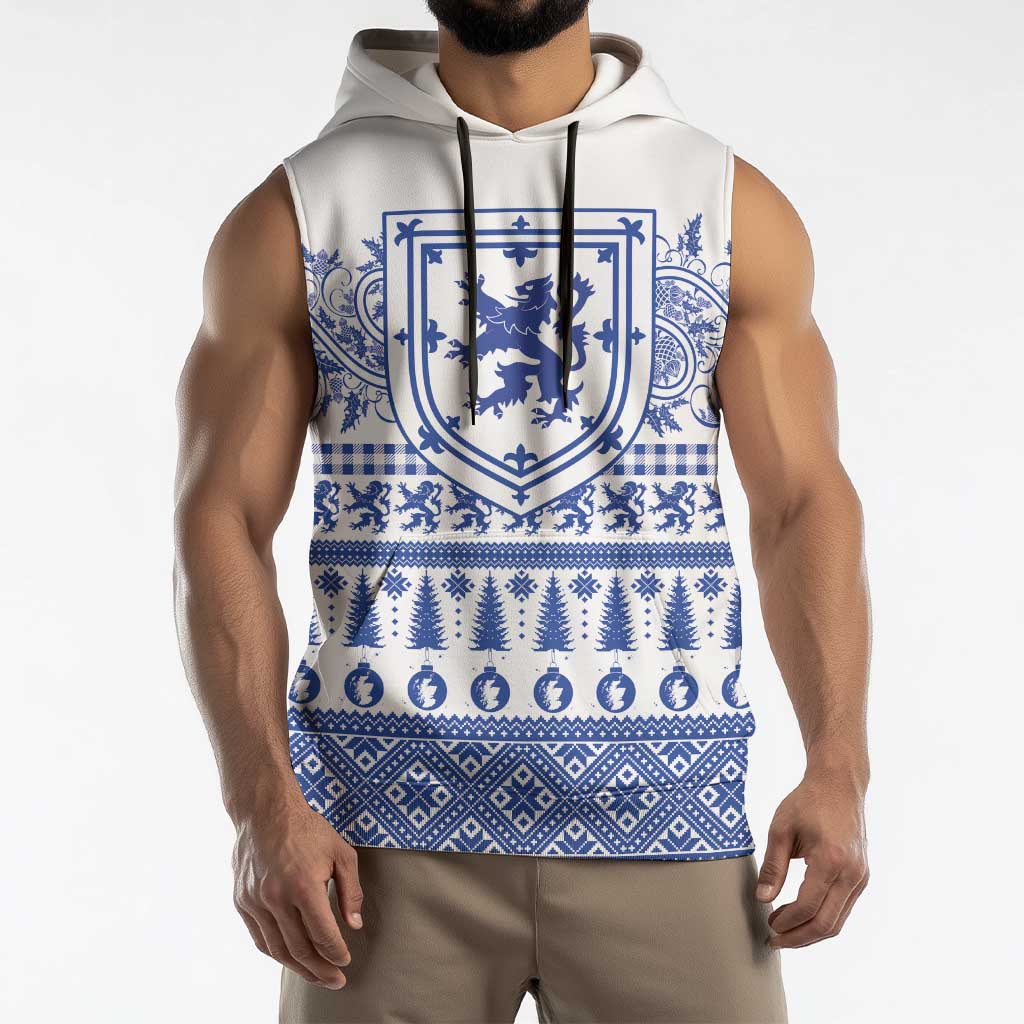 Scottish Christmas Sleeveless Hoodie Scotland Thistle and Celtic Knot White-Blue Color - Wonder Print Shop