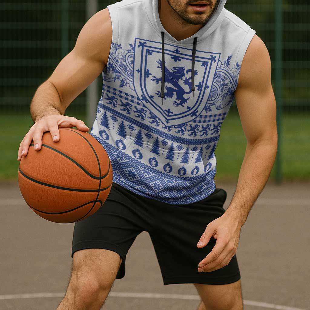 Scottish Christmas Sleeveless Hoodie Scotland Thistle and Celtic Knot White-Blue Color - Wonder Print Shop