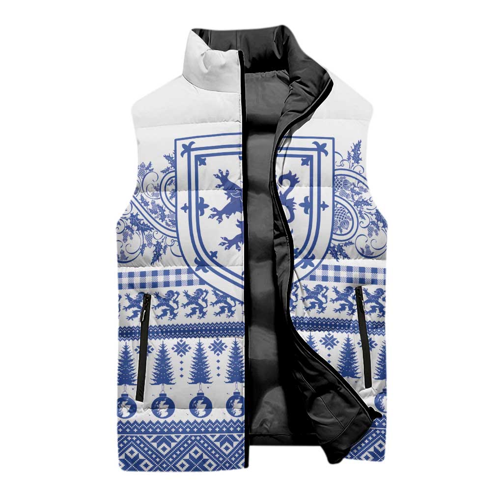 Scottish Christmas Sleeveless Puffer Jacket Scotland Thistle and Celtic Knot White-Blue Color - Wonder Print Shop