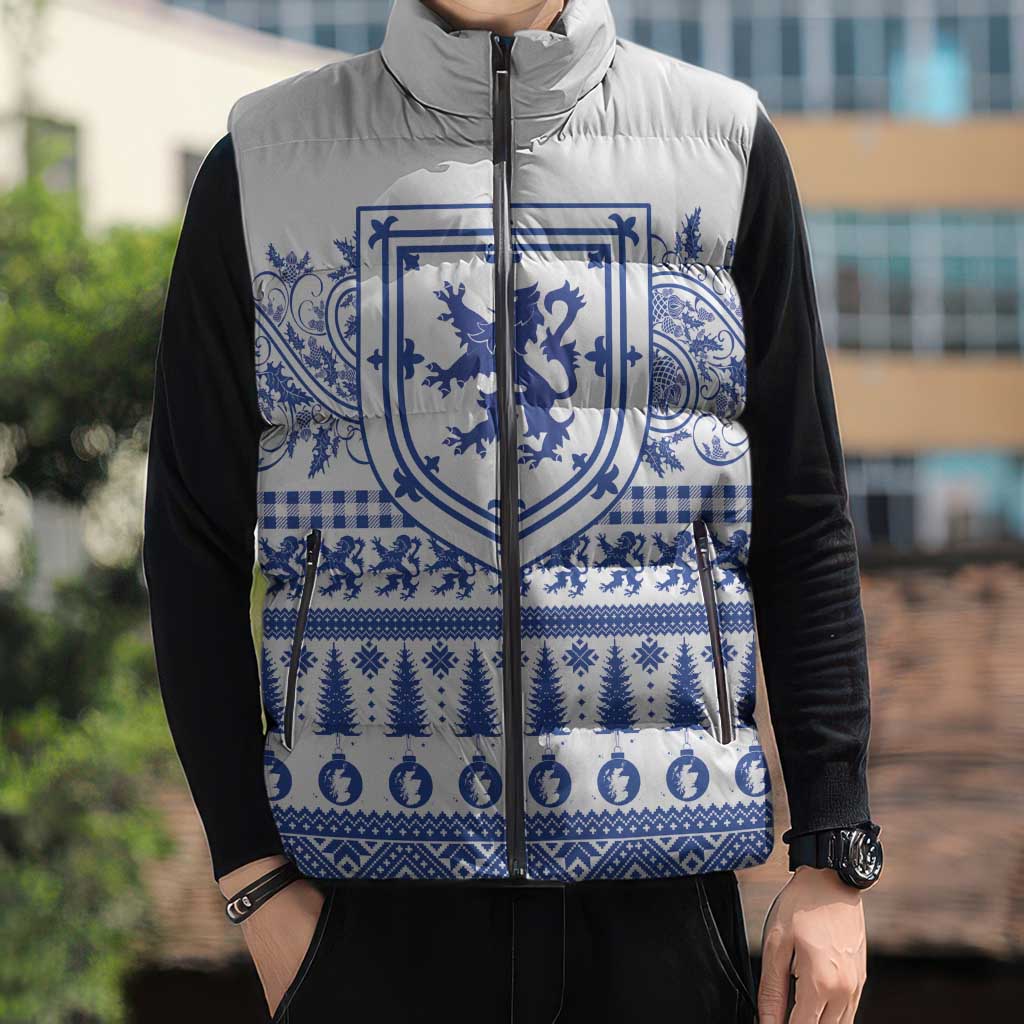 Scottish Christmas Sleeveless Puffer Jacket Scotland Thistle and Celtic Knot White-Blue Color - Wonder Print Shop