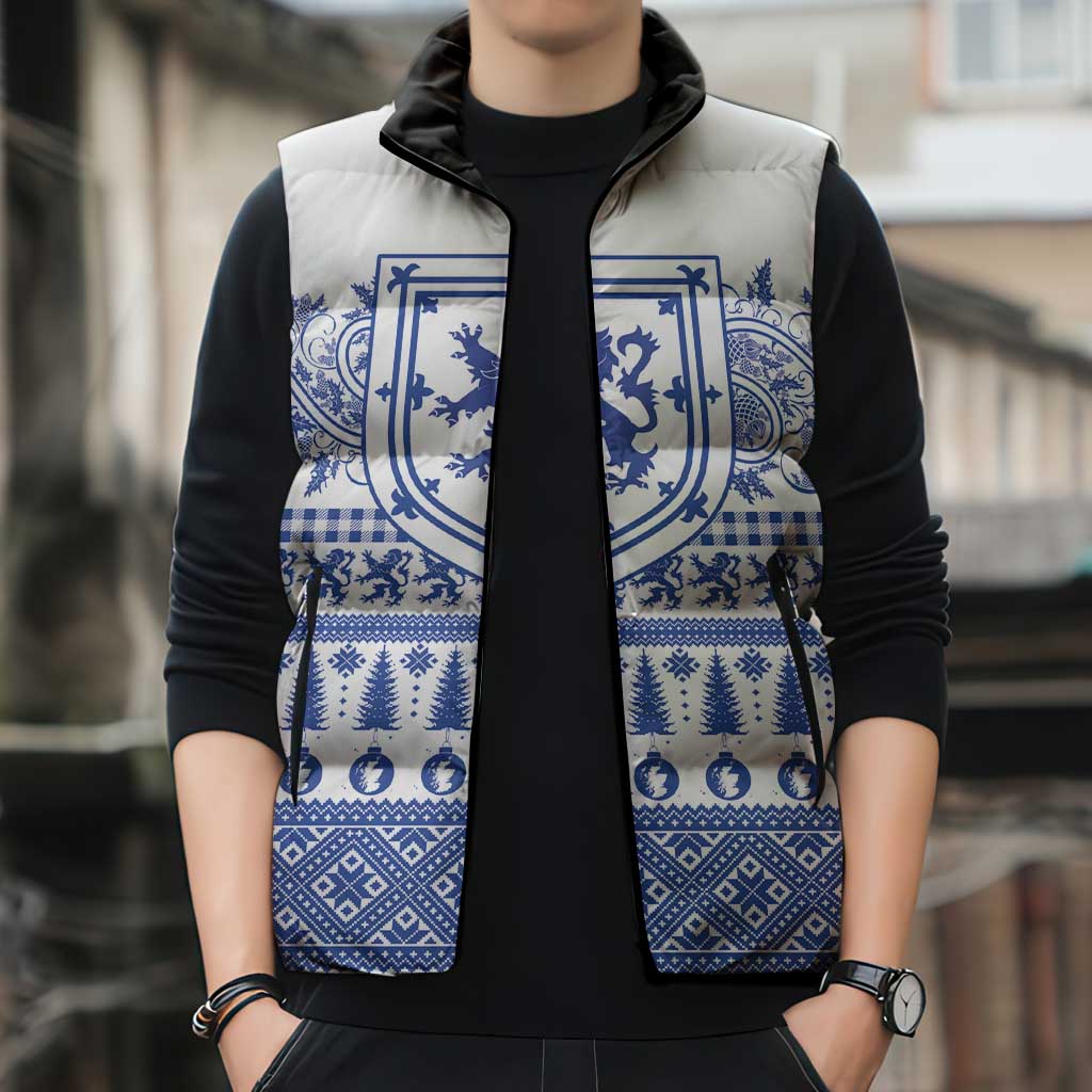 Scottish Christmas Sleeveless Puffer Jacket Scotland Thistle and Celtic Knot White-Blue Color - Wonder Print Shop