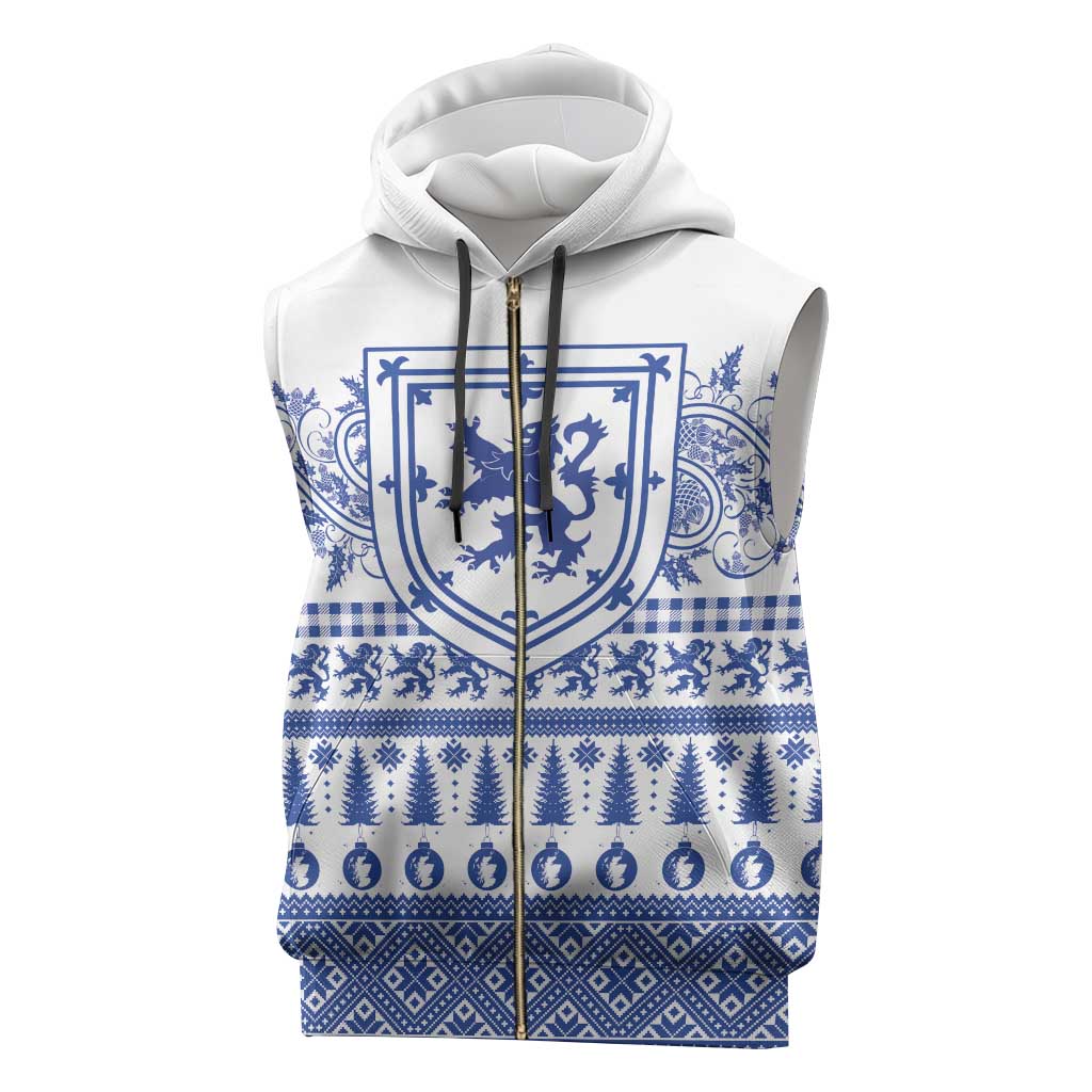 Scottish Christmas Sleeveless Zip Hoodie Scotland Thistle and Celtic Knot White-Blue Color - Wonder Print Shop