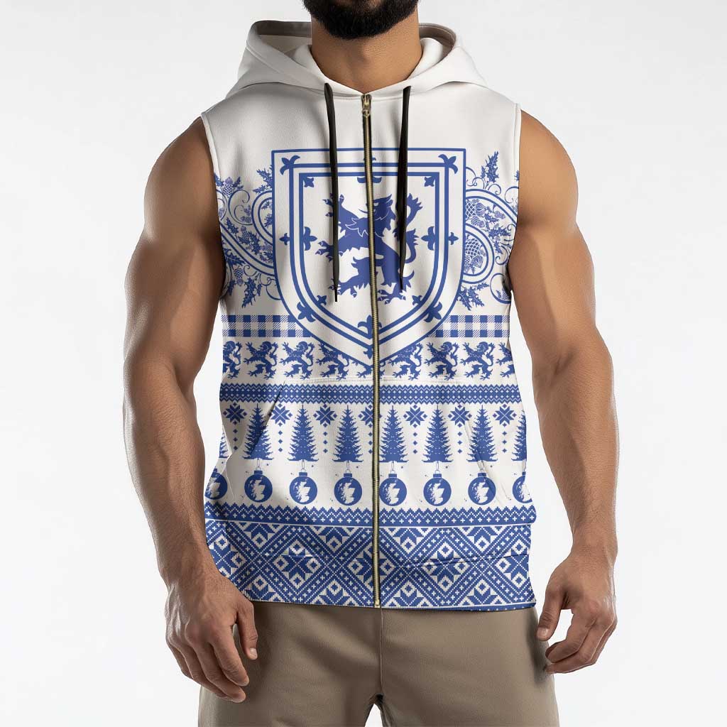 Scottish Christmas Sleeveless Zip Hoodie Scotland Thistle and Celtic Knot White-Blue Color - Wonder Print Shop