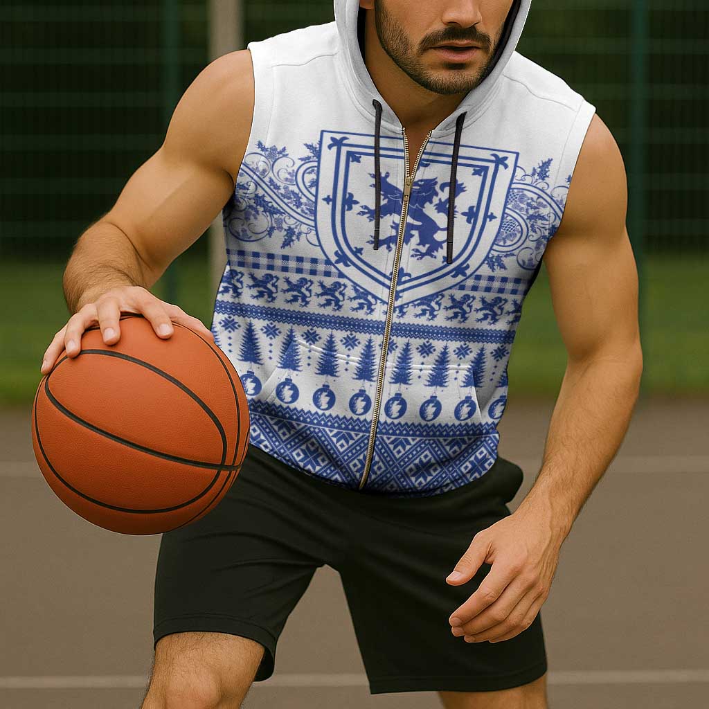 Scottish Christmas Sleeveless Zip Hoodie Scotland Thistle and Celtic Knot White-Blue Color - Wonder Print Shop