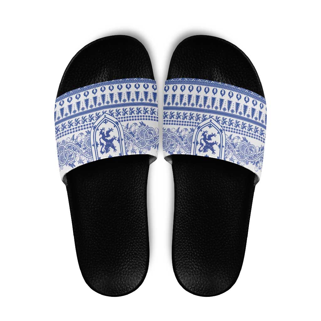 Scottish Christmas Slide Sandals Scotland Thistle and Celtic Knot White-Blue Color - Wonder Print Shop