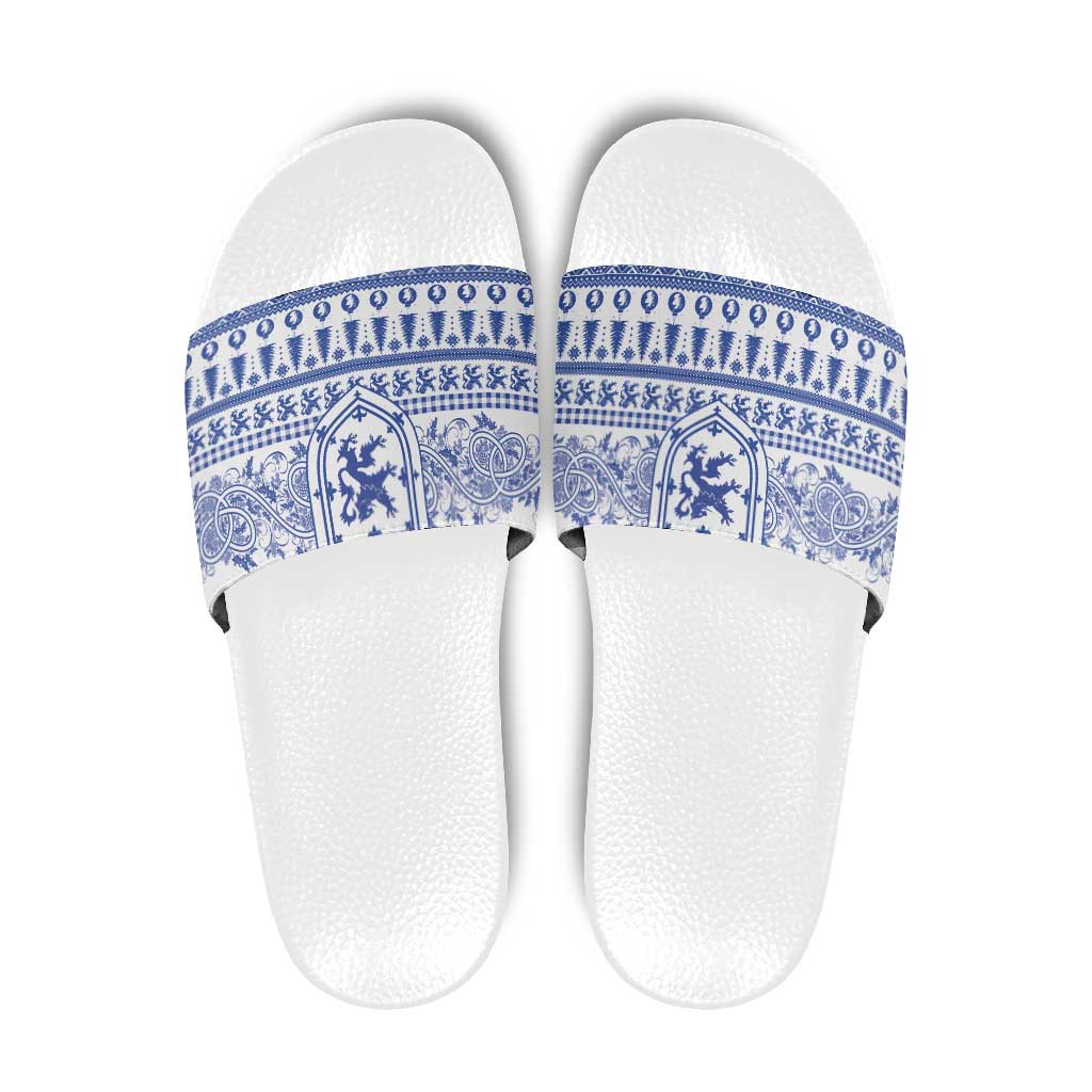 Scottish Christmas Slide Sandals Scotland Thistle and Celtic Knot White-Blue Color - Wonder Print Shop