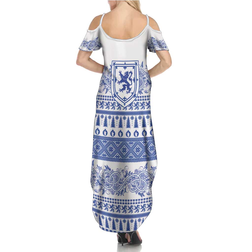 Scottish Christmas Summer Maxi Dress Scotland Thistle and Celtic Knot White-Blue Color - Wonder Print Shop