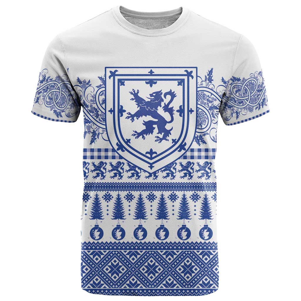 Scottish Christmas T Shirt Scotland Thistle and Celtic Knot White-Blue Color - Wonder Print Shop