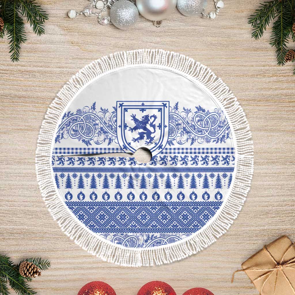 Scottish Christmas Tree Skirt Scotland Thistle and Celtic Knot White-Blue Color - Wonder Print Shop