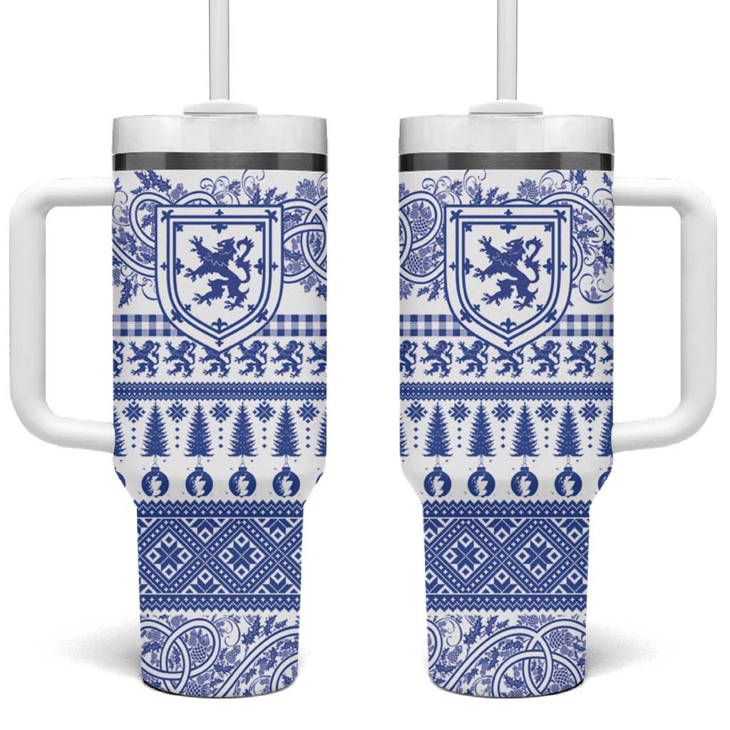 Scottish Christmas Tumbler With Handle Scotland Thistle and Celtic Knot White-Blue Color - Wonder Print Shop
