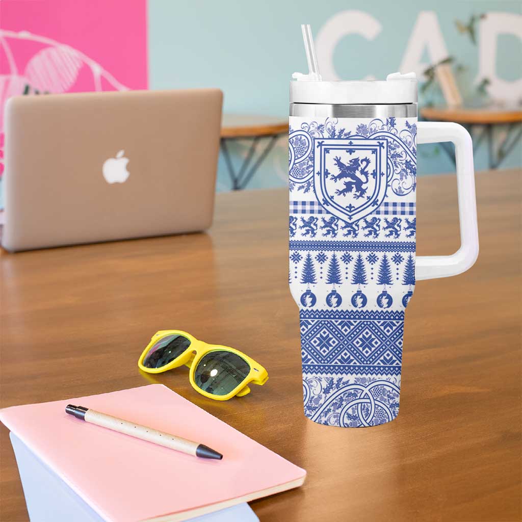 Scottish Christmas Tumbler With Handle Scotland Thistle and Celtic Knot White-Blue Color - Wonder Print Shop