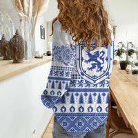 Scottish Christmas Women Casual Shirt Scotland Thistle and Celtic Knot White-Blue Color - Wonder Print Shop