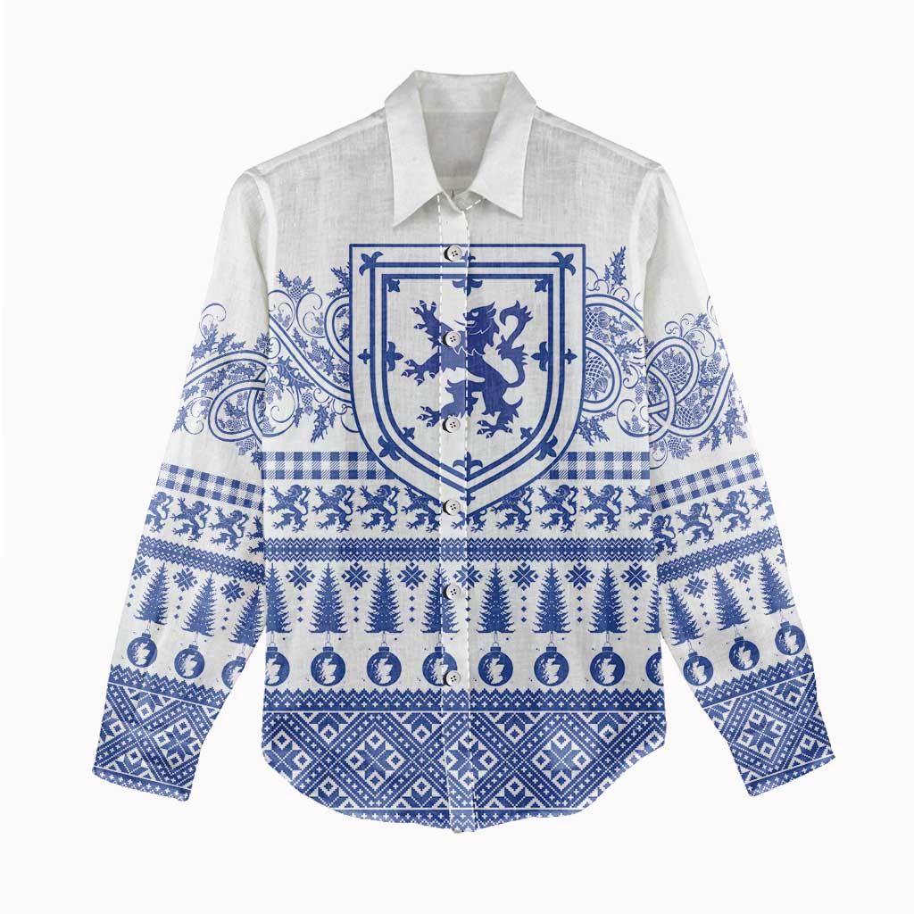 Scottish Christmas Women Casual Shirt Scotland Thistle and Celtic Knot White-Blue Color - Wonder Print Shop