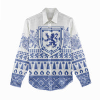 Scottish Christmas Women Casual Shirt Scotland Thistle and Celtic Knot White-Blue Color - Wonder Print Shop