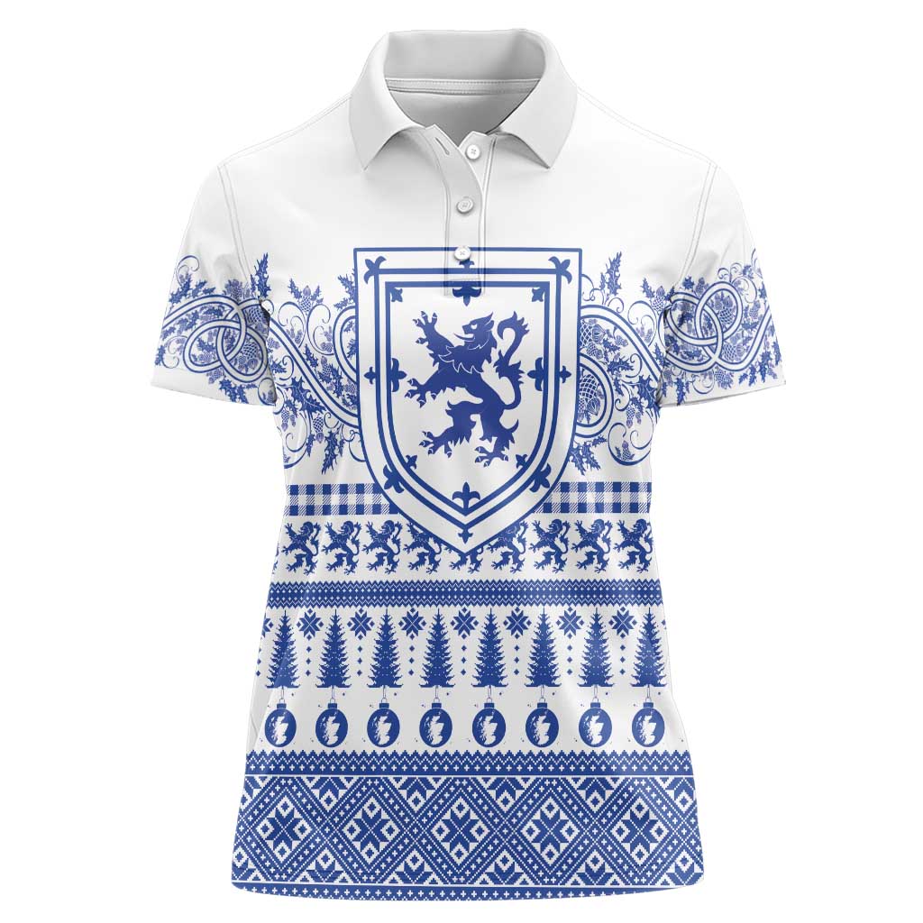 Scottish Christmas Women Polo Shirt Scotland Thistle and Celtic Knot White-Blue Color - Wonder Print Shop