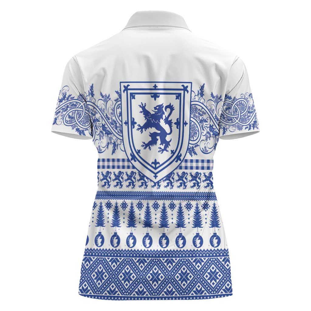 Scottish Christmas Women Polo Shirt Scotland Thistle and Celtic Knot White-Blue Color - Wonder Print Shop
