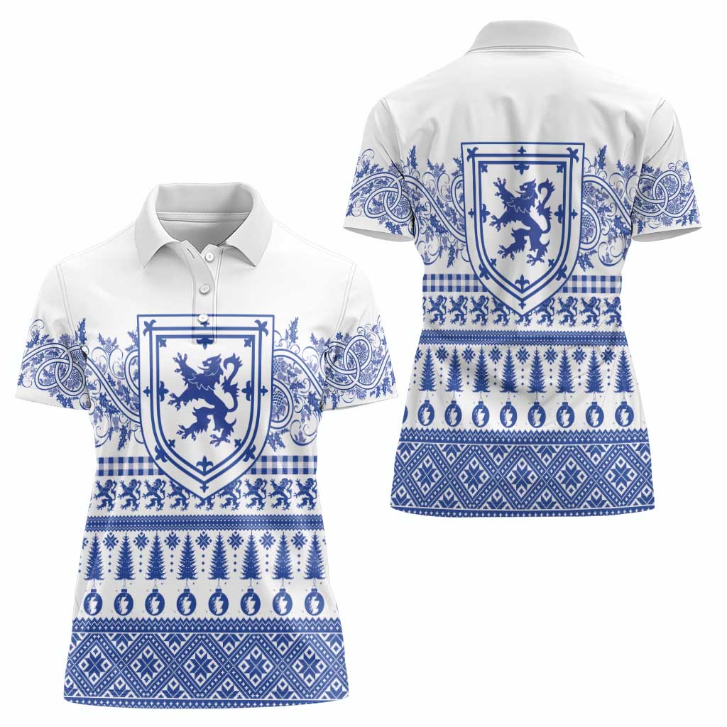 Scottish Christmas Women Polo Shirt Scotland Thistle and Celtic Knot White-Blue Color - Wonder Print Shop