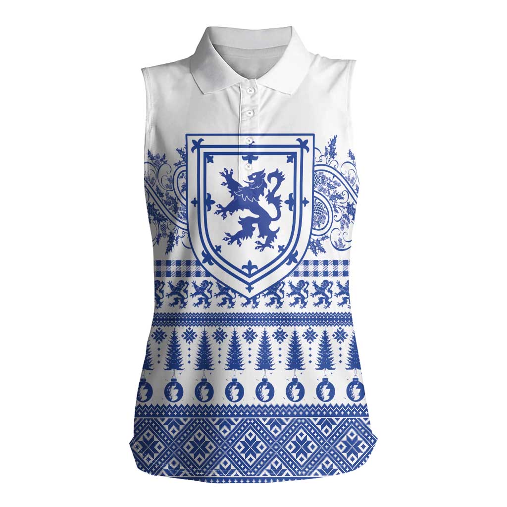 Scottish Christmas Women Sleeveless Polo Shirt Scotland Thistle and Celtic Knot White-Blue Color - Wonder Print Shop