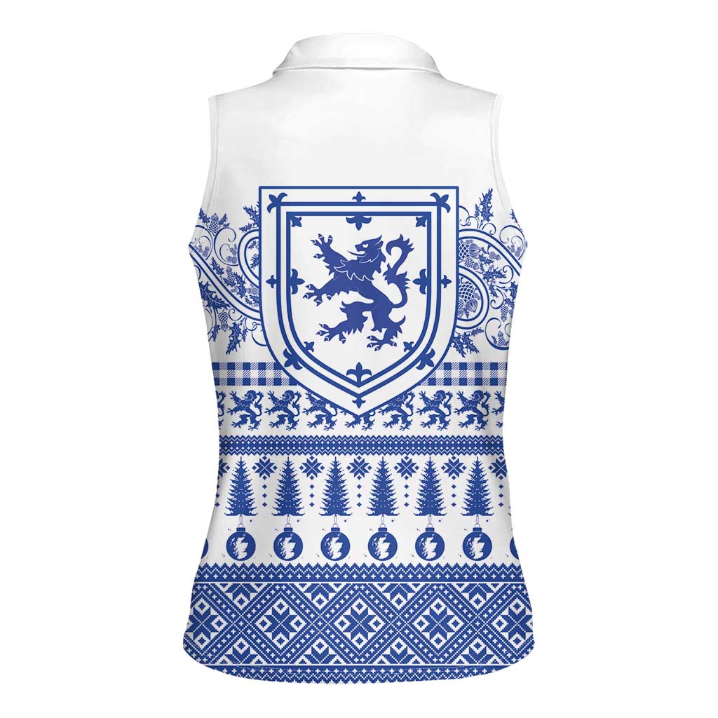 Scottish Christmas Women Sleeveless Polo Shirt Scotland Thistle and Celtic Knot White-Blue Color - Wonder Print Shop
