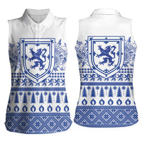 Scottish Christmas Women Sleeveless Polo Shirt Scotland Thistle and Celtic Knot White-Blue Color - Wonder Print Shop
