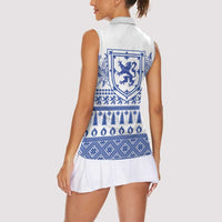 Scottish Christmas Women Sleeveless Polo Shirt Scotland Thistle and Celtic Knot White-Blue Color - Wonder Print Shop