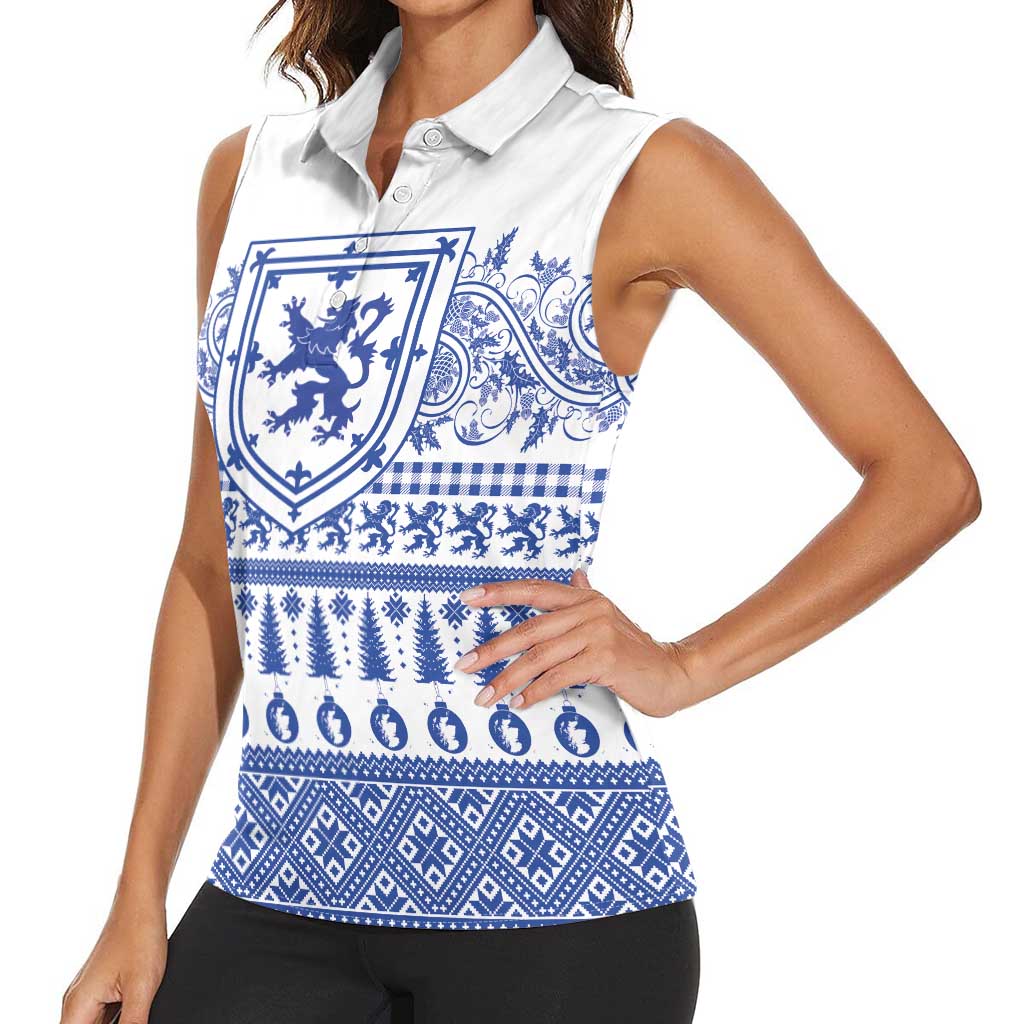 Scottish Christmas Women Sleeveless Polo Shirt Scotland Thistle and Celtic Knot White-Blue Color - Wonder Print Shop