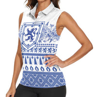 Scottish Christmas Women Sleeveless Polo Shirt Scotland Thistle and Celtic Knot White-Blue Color - Wonder Print Shop