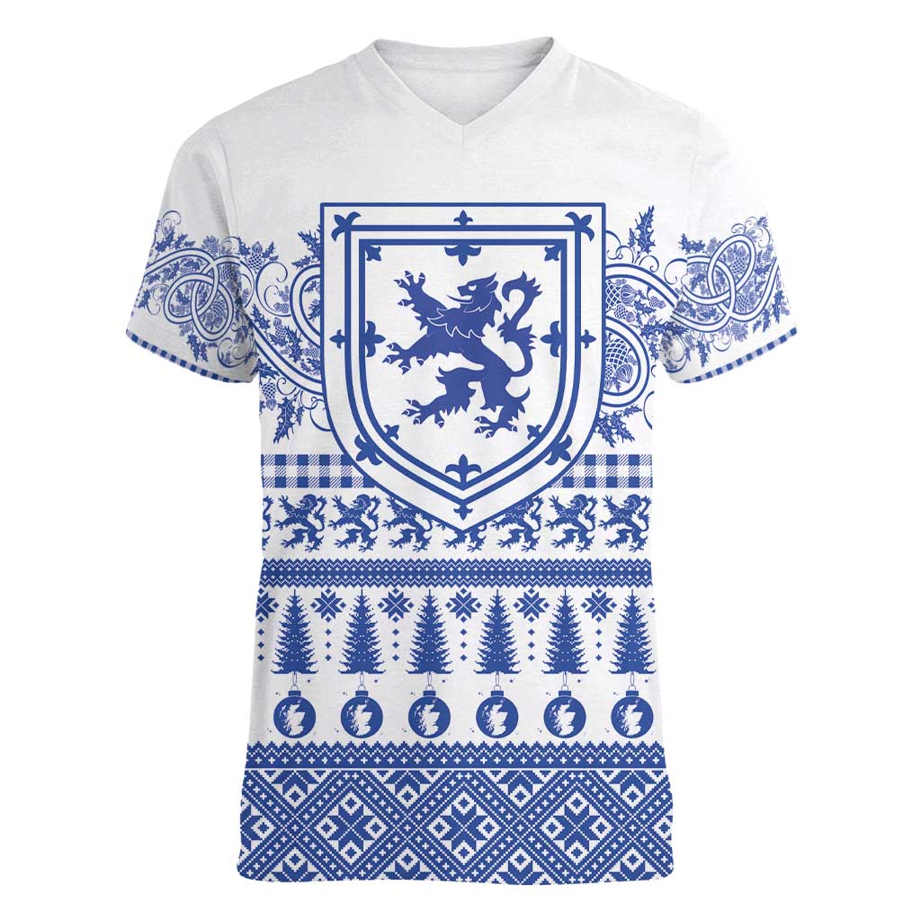 Scottish Christmas Women V-Neck T-Shirt Scotland Thistle and Celtic Knot White-Blue Color - Wonder Print Shop