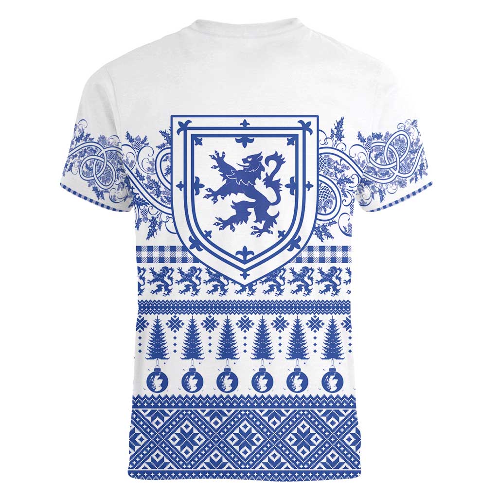 Scottish Christmas Women V-Neck T-Shirt Scotland Thistle and Celtic Knot White-Blue Color - Wonder Print Shop