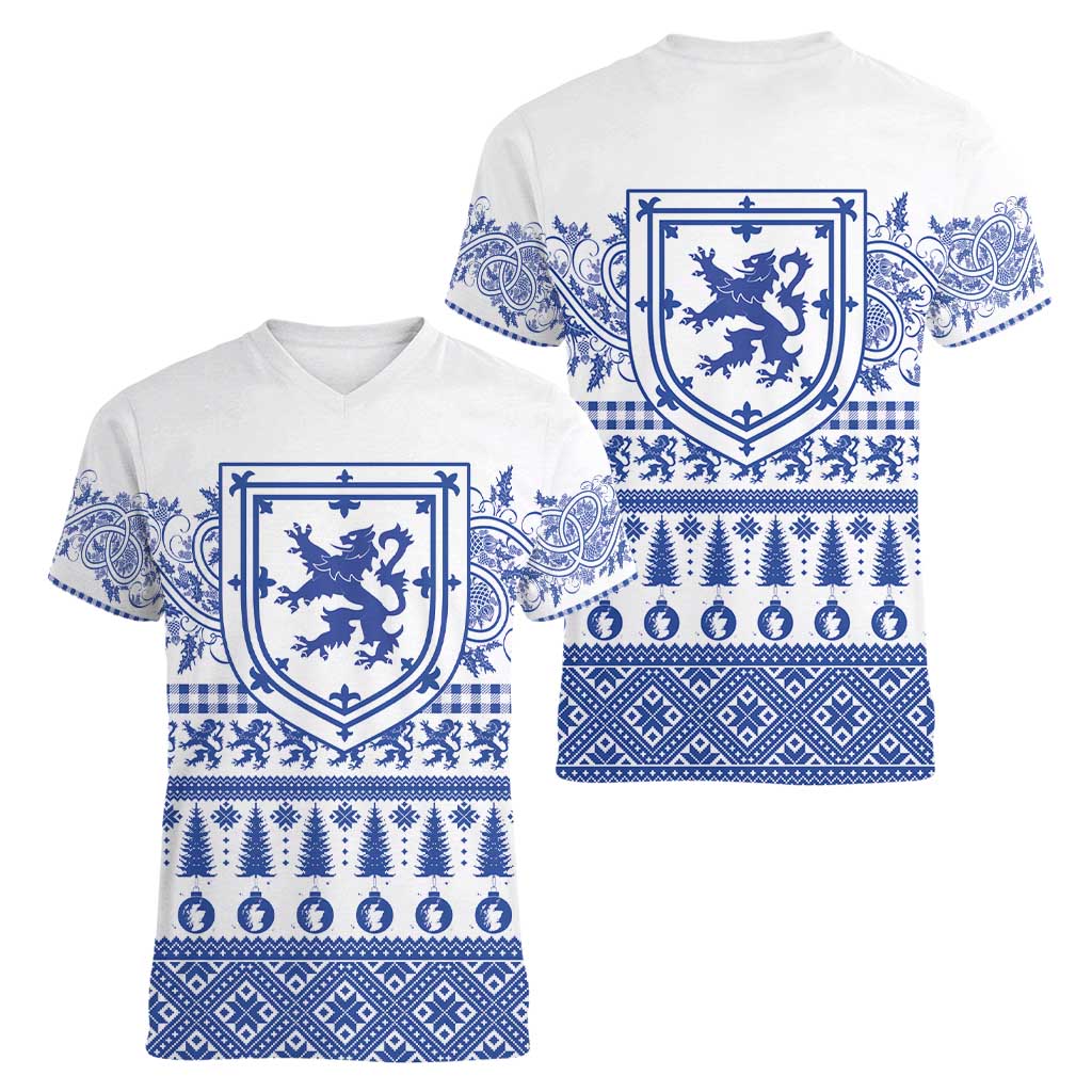 Scottish Christmas Women V-Neck T-Shirt Scotland Thistle and Celtic Knot White-Blue Color - Wonder Print Shop